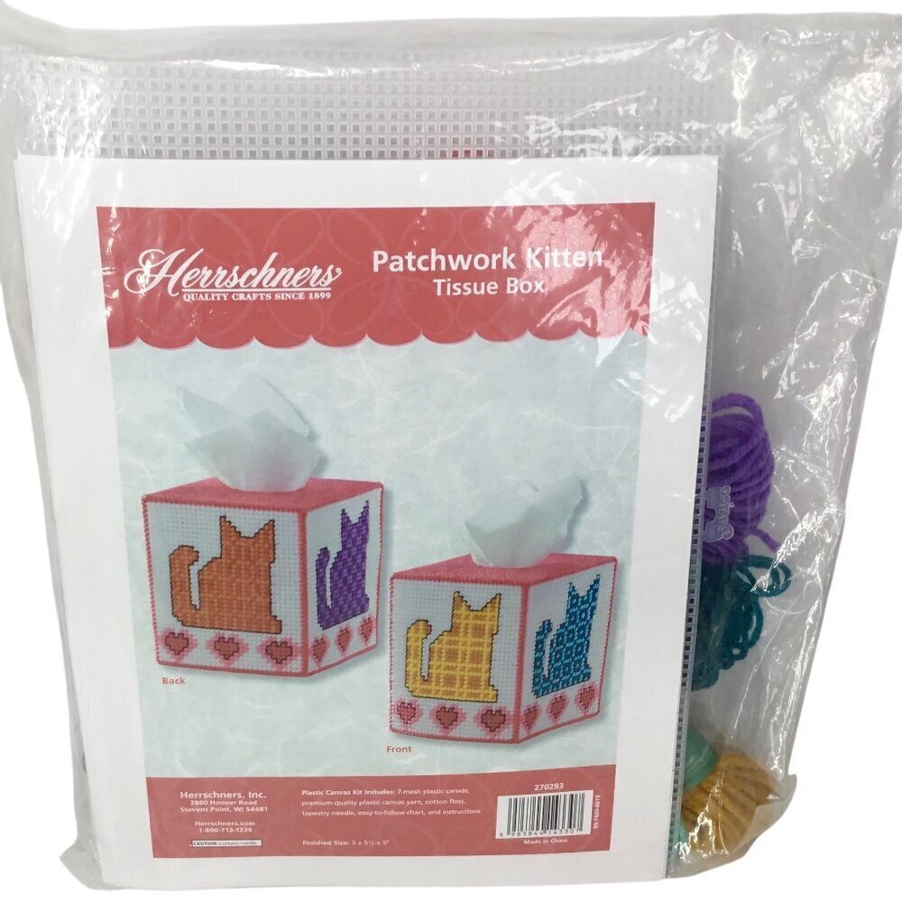 Patchwork Kitten Tissue Box Plastic Canvas Kit Herrschners NIP 270293 Cat Cats